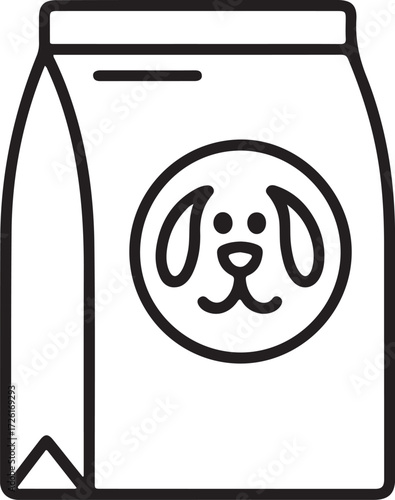 Simple outline icon of a bag of dog food with a cute dog face illustration
