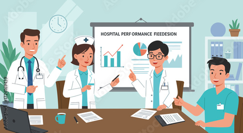 Medical team discussing hospital performance redesign in a meeting room.