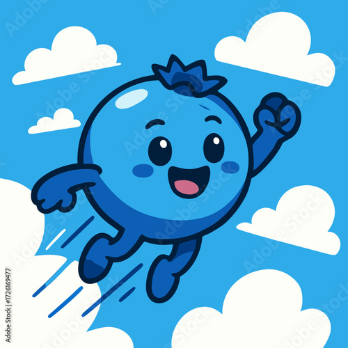 Cute cartoon blueberry character flying happily in the sky with clouds.