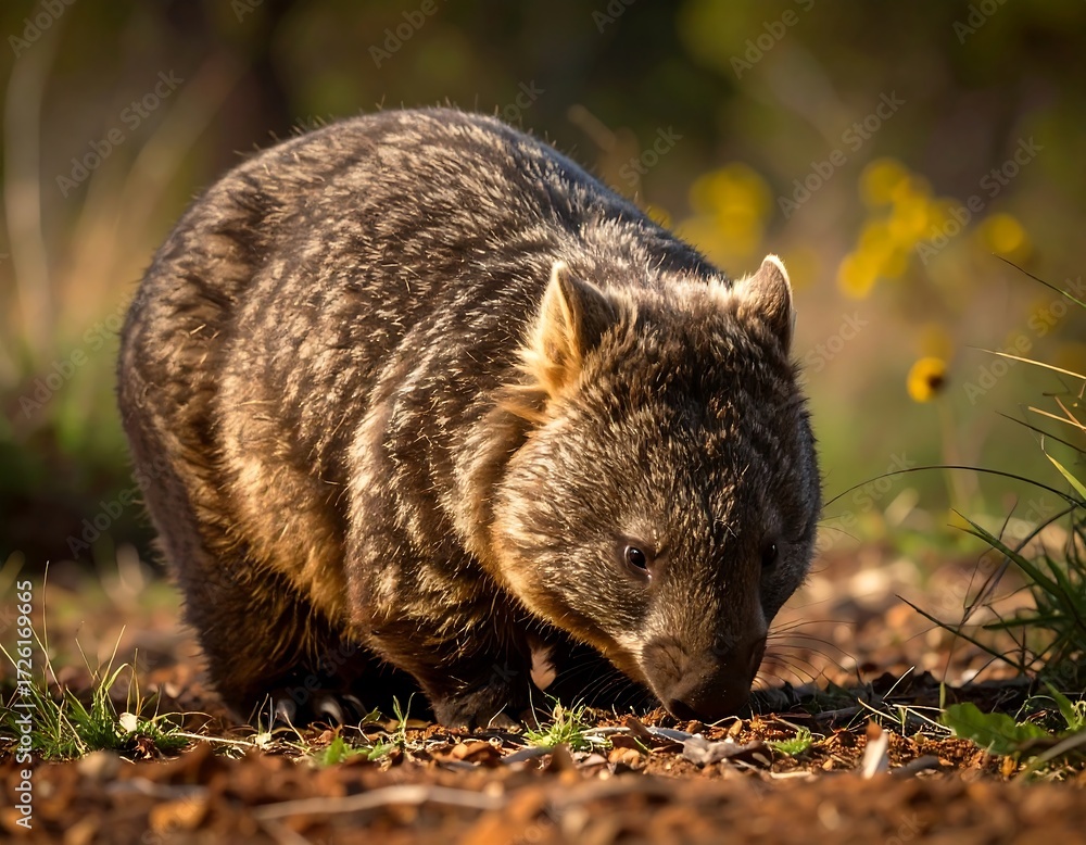 Fototapeta premium A common wombat foraging on the ground in a natural setting
