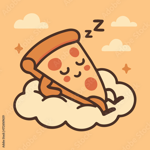 Cute pizza slice sleeping peacefully on a fluffy cloud.