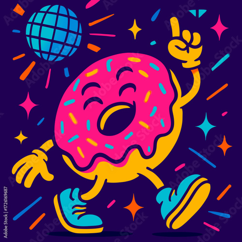 Dancing Donut Character with Sprinkles and Disco Ball.