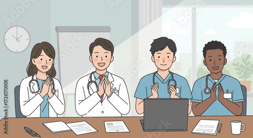 Diverse group of medical professionals sitting at a table with hands pressed together in a gesture of gratitude and respect.
