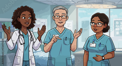 Three medical professionals in scrubs and lab coat discussing patient care.