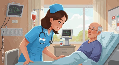 Nurse Caring for Elderly Patient in Hospital Room.