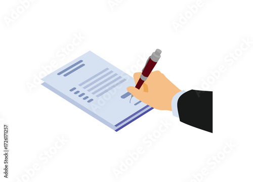 Businessman hand giving signature on a form paper. Simple flat illustration in isometric view.