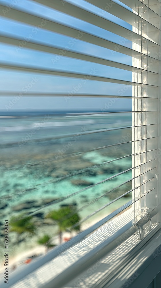 Fototapeta premium Ocean View Through White Blinds