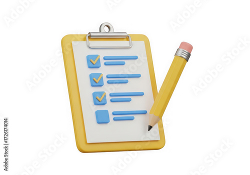 3d icon of 3d checklist with pencil isolated on transparent background