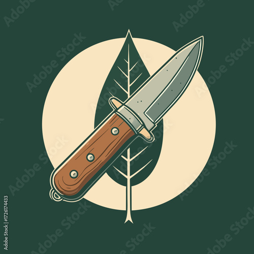Vintage Hunting Knife with Wooden Handle and Leaf Emblem.