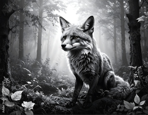 A grayscale fox in a misty forest