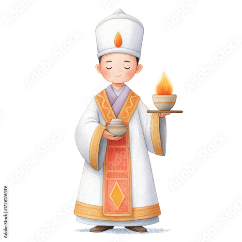 illustration of a person in religious attire holding a lit candle.