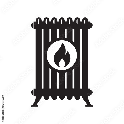 Black and White Silhouette of a Radiator with Flame Symbol