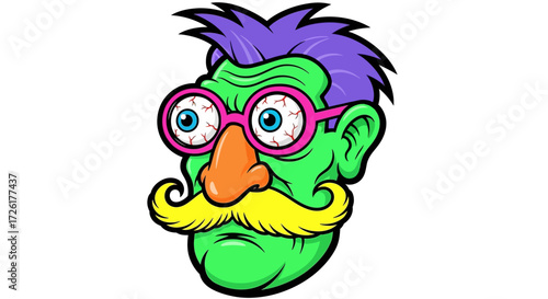 Cartoon illustration of a wacky green-skinned man with oversized glasses, a large nose, and a prominent mustache.
