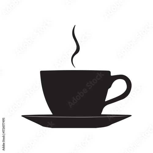 Black Coffee Cup Silhouette with Rising Steam on White Background