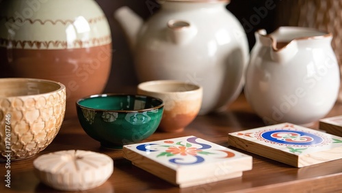 Ceramic Still Life with Emerald Bowl and Floral Coasters on Wood