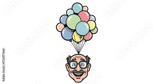 Happy Elderly Man Lifted by Colorful Balloons