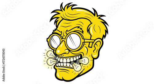 Cartoon Professor's Head with Light Bulbs in Mouth