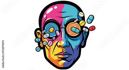 Colorful Head with Pills: Mental Health Concept Illustration