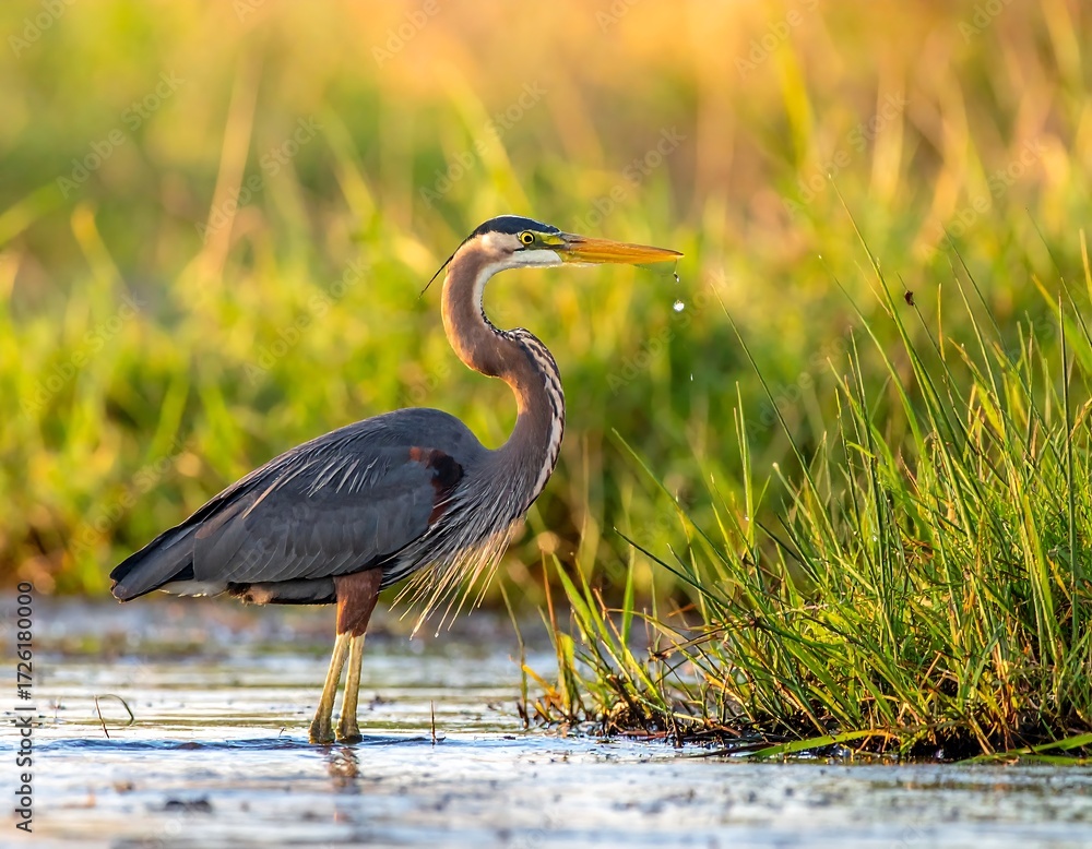Fototapeta premium A heron wading in shallow water