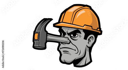 Cartoon Construction Worker with Hammer Nose and Hard Hat