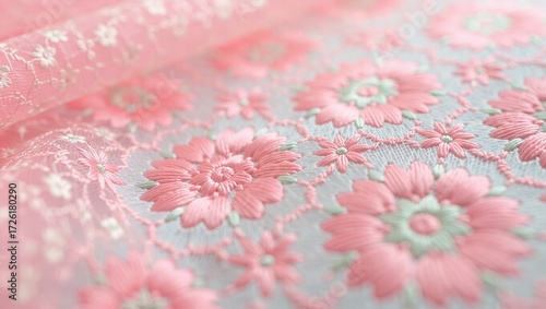 Delicate Pink Floral Embroidery on Sheer White Fabric, Soft Focu