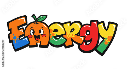 Colorful Cartoon "Energy" Text with Orange Character and Graffiti Style