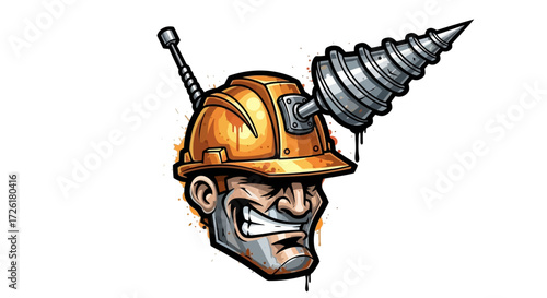 Angry Miner Head with Drill Helmet