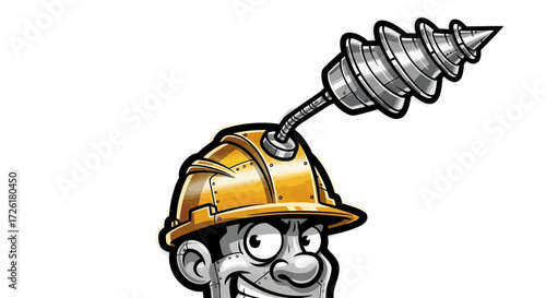 Cartoon Construction Worker with Drill Bit Helmet
