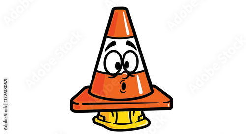 Cartoon Traffic Cone Character with Surprised Expression and Hard Hat