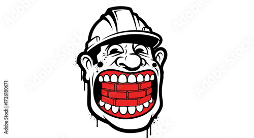 Cartoon Construction Worker with Bricks in Mouth