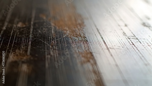 Distressed Wood Surface with Scratches and Faded Stain, Close-Up