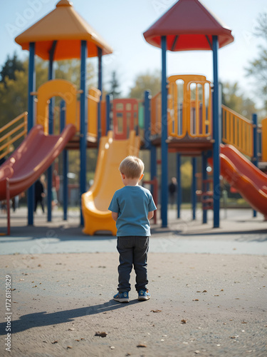 A little boy is playing alone on the playground. The problem of socialization of the child in the team. The concept of autism, closeness, unfriendliness.