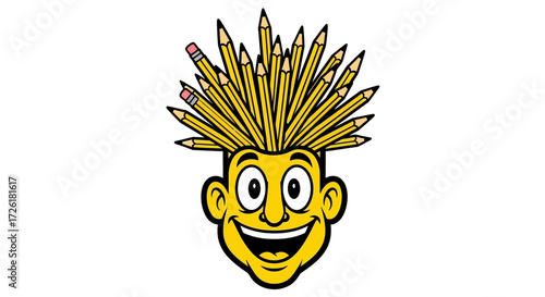 Happy Cartoon Head with Pencil Hair