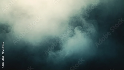 Ethereal teal smoke swirls in a dark, atmospheric abyss, creatin