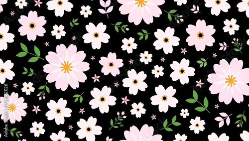 Floral pattern with white and pink flowers and green leaves on a