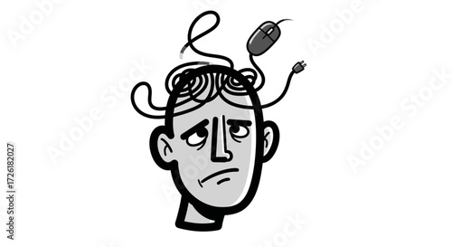 Overwhelmed Mind: Cartoon Man with Tangled Computer Mouse Cords