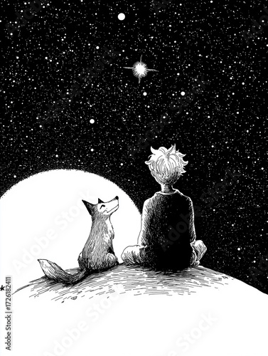 The Little Prince, Prince, Le Petit Prince, Saint-Exupéry, fox, rose, planet, fairy tale, fable, children, friendship, love, desert, illustration, scarf, cartoon, animal, vector, cute, fantasy, happy,