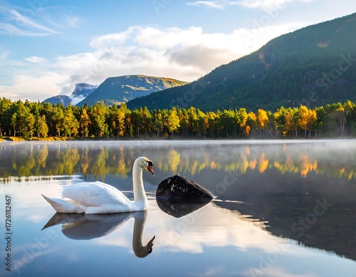 Fototapeta Naklejka Na Ścianę i Meble -  Serene swan on calm lake, mountains reflecting in water