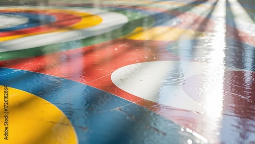 Glossy Curling Ice Surface with Colorful Target Circles and Refl