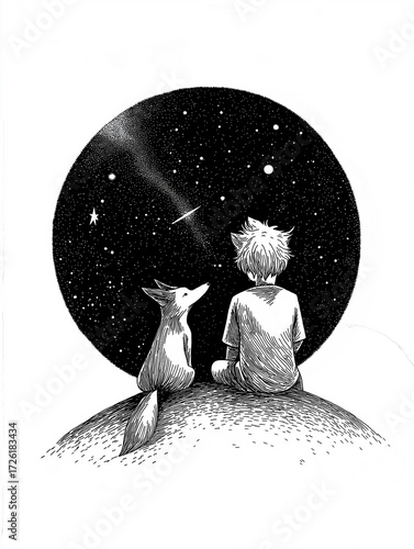 The Little Prince, Prince, Le Petit Prince, Saint-Exupéry, fox, rose, planet, fairy tale, fable, children, friendship, love, desert, illustration, scarf, cartoon, animal, vector, cute, fantasy, happy,