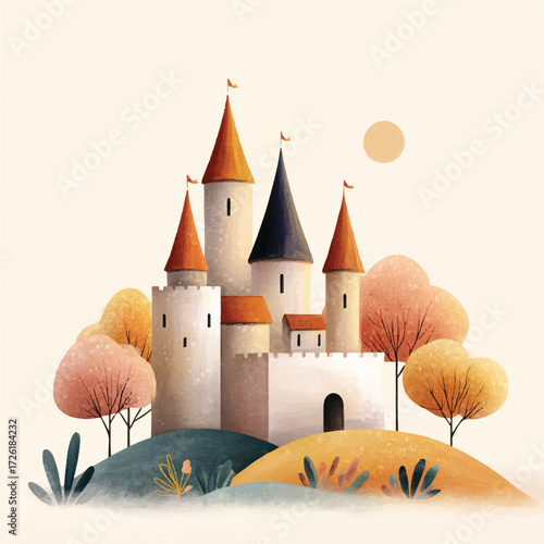 Fairytale castle illustration with colorful towers and whimsical design on a hill.