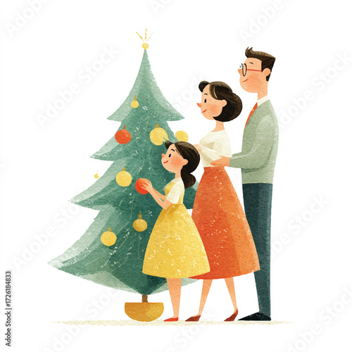 Family decorating a Christmas tree together happily.