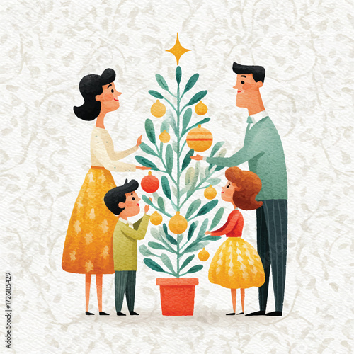 Family decorating Christmas tree together, heartwarming scene, festive holiday spirit, joyful moments, family bonding.