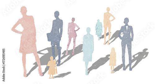Diverse Group of Textured Human Silhouettes with Shadows on White