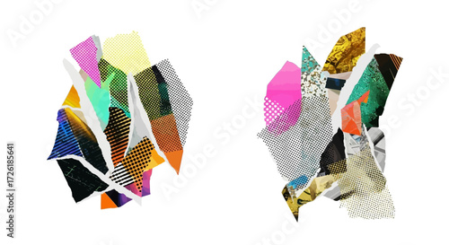 Abstract Collage of Torn Paper with Vibrant Colors and Patterns