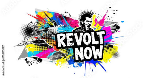 "Revolt Now" Graphic with Punk Rocker and Splatter