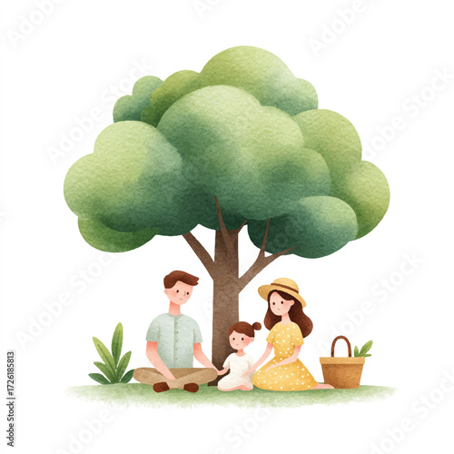 Family enjoying picnic under a tree in a serene landscape.