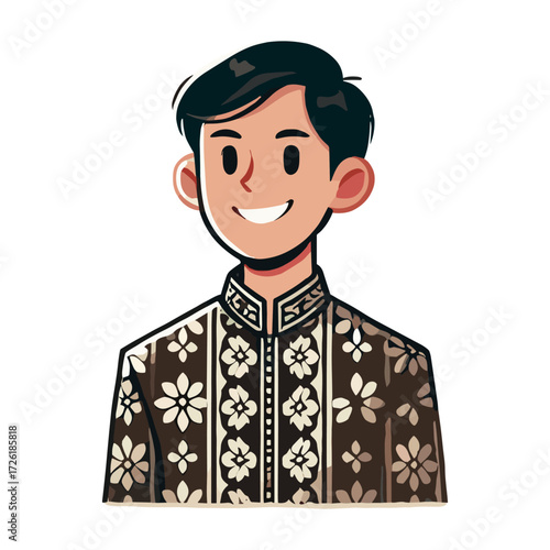 Cartoon of a smiling man wearing a traditional Indonesian shirt with a floral batik pattern