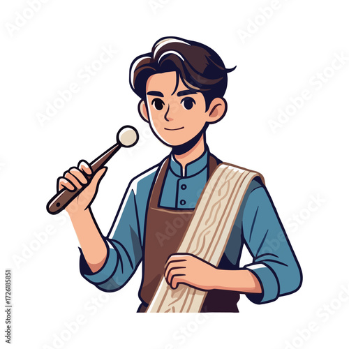 A young man is weaving traditional fabric in a white background