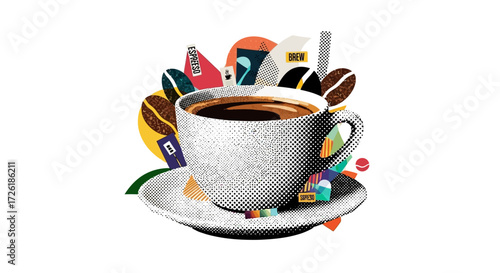 Artistic Coffee Cup with Decorative Elements and Coffee Beans